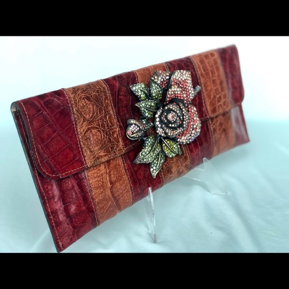 Real exotic leather clutch with crystal brooch - Picture 2 of 4